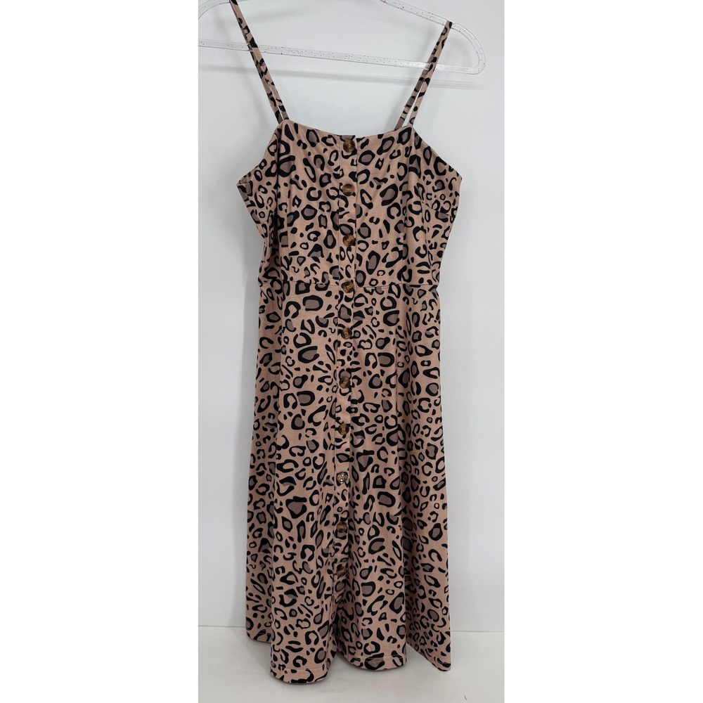 Berydress Womens Leopard Print Button Front Midi Sun Dress Tan Black Sz M